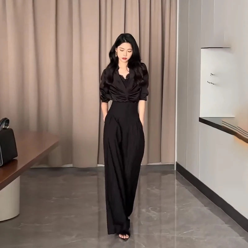 Pantalon taille Ultra haute à jambes larges, droit et tombant, pantalon de costume épais, à pinces noir ou crème