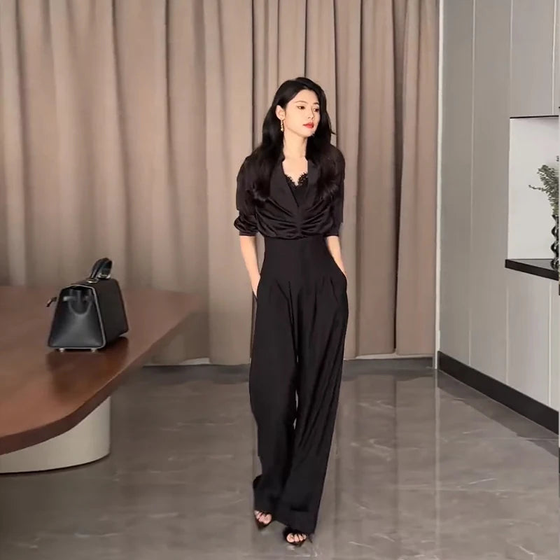 Pantalon taille Ultra haute à jambes larges, droit et tombant, pantalon de costume épais, à pinces noir ou crème
