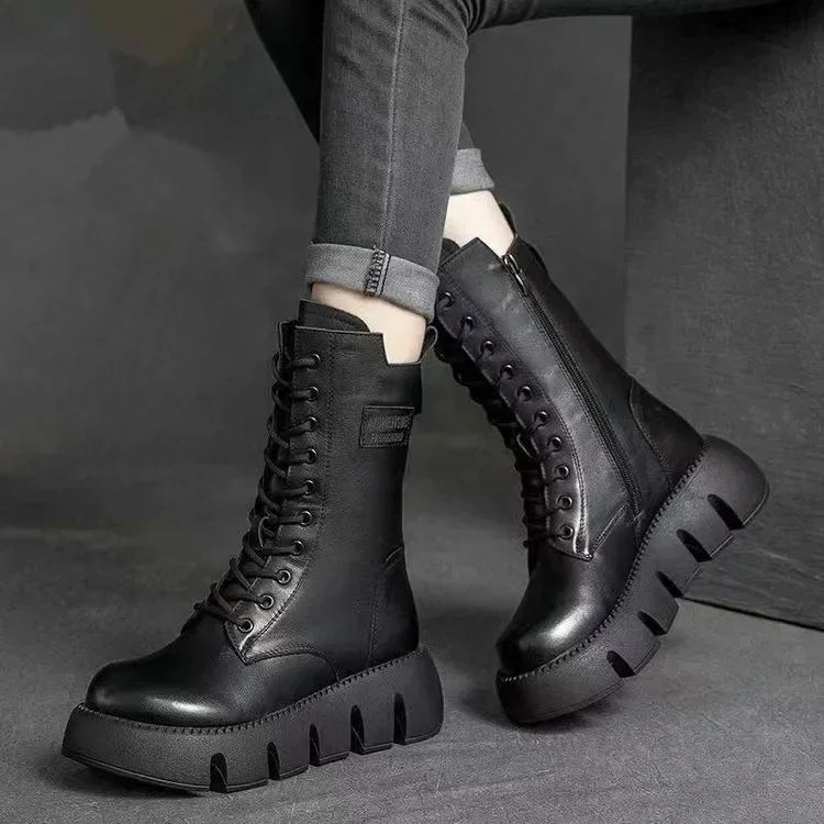 Bottes en cuir tendance à lacets et fermeture éclair pour femmes, montantes, décontractées, fourrées chaudes, antidérapantes, saison froide