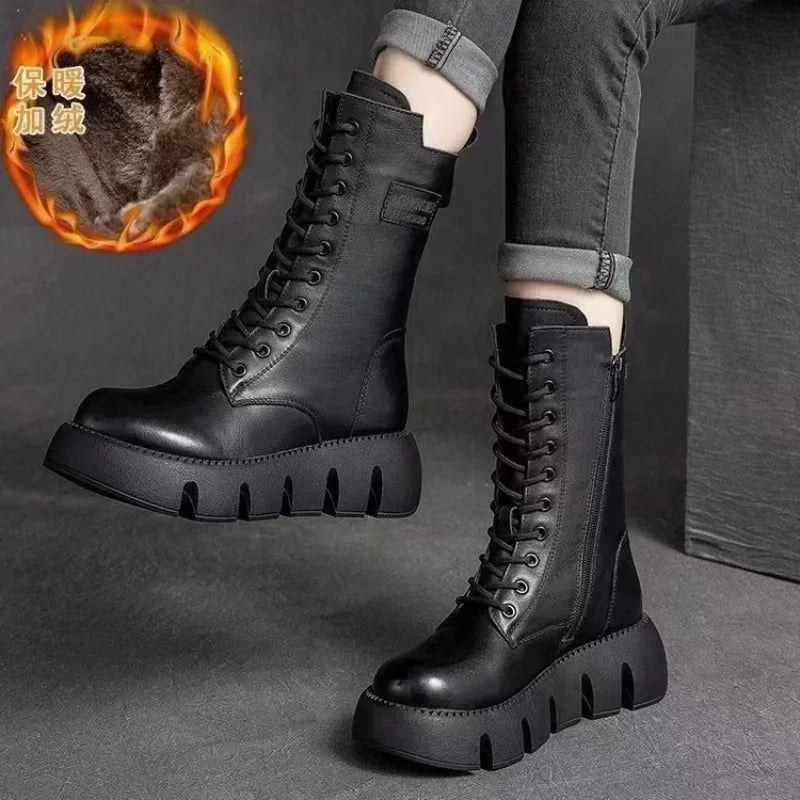 Bottes en cuir tendance à lacets et fermeture éclair pour femmes, montantes, décontractées, fourrées chaudes, antidérapantes, saison froide