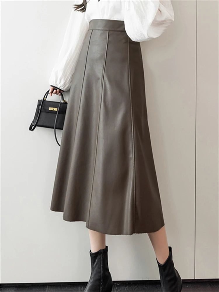Jupe trapèze en similicuir noir pour femme, nouvelle collection automne-hiver, taille haute, style parapluie, couleur unie, chic, pour le bureau