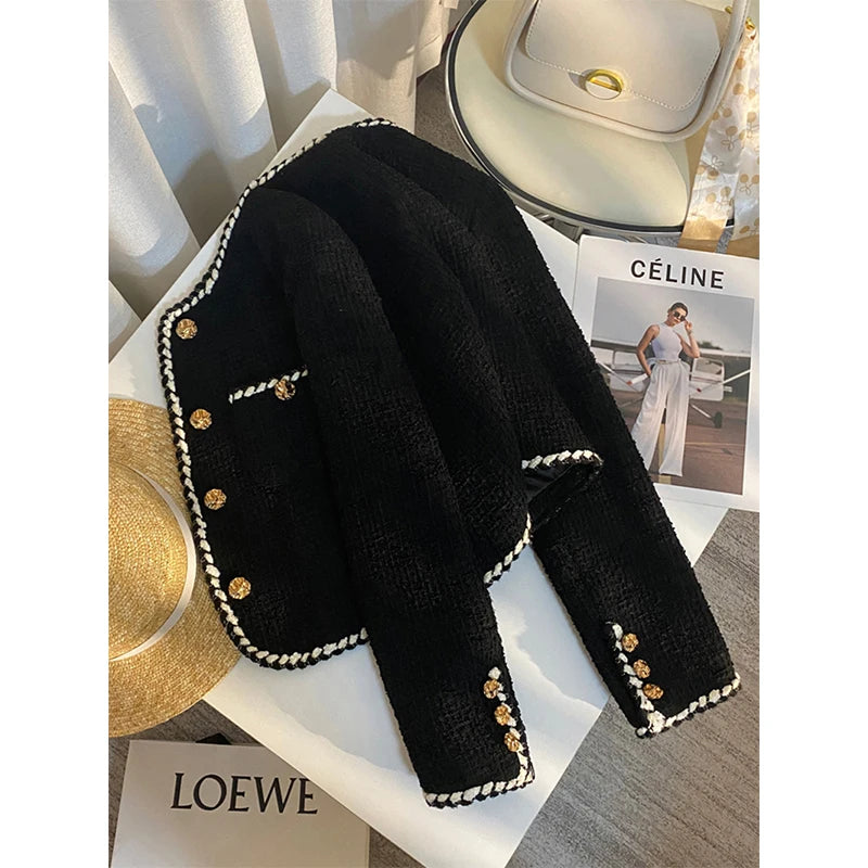 Veste en tweed noir pour femme, manteau matelassé court et élégant, blazer noir d'hiver pour femme, classique