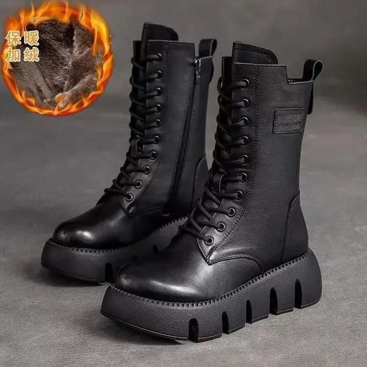 Bottes en cuir tendance à lacets et fermeture éclair pour femmes, montantes, décontractées, fourrées chaudes, antidérapantes, saison froide