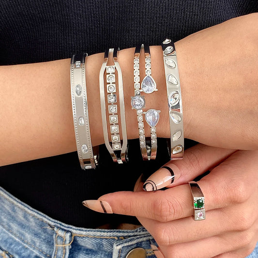 Bracelets tendance GoldGirly en acier inoxydable avec strass et zircone cubique pour femmes, couleur argent, bijoux