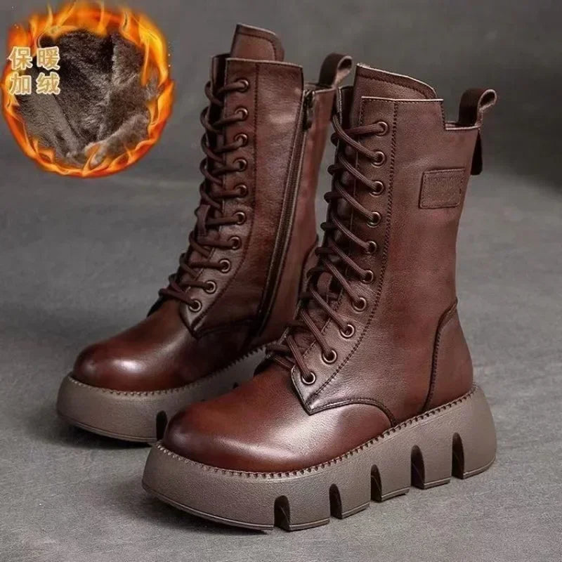Bottes en cuir tendance à lacets et fermeture éclair pour femmes, montantes, décontractées, fourrées chaudes, antidérapantes, saison froide