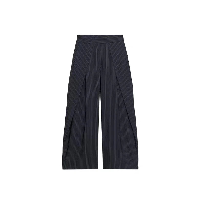 Pantalon ample décontracté à rayures pour femme, taille haute, plissé, droit, long, jambes larges, mode automne-hiver