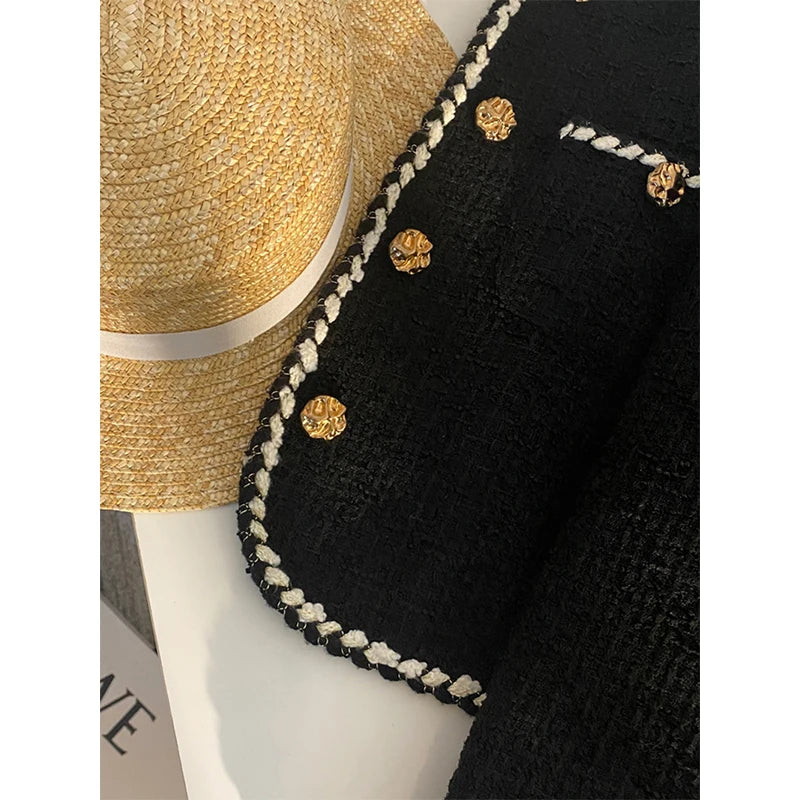 Veste en tweed noir pour femme, manteau matelassé court et élégant, blazer noir d'hiver pour femme, classique