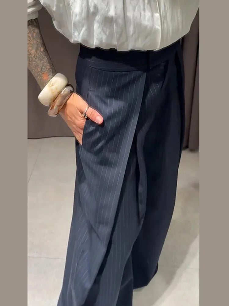 Pantalon ample décontracté à rayures pour femme, taille haute, plissé, droit, long, jambes larges, mode automne-hiver