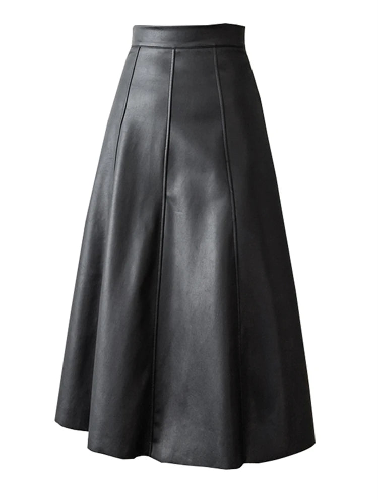 Jupe trapèze en similicuir noir pour femme, nouvelle collection automne-hiver, taille haute, style parapluie, couleur unie, chic, pour le bureau