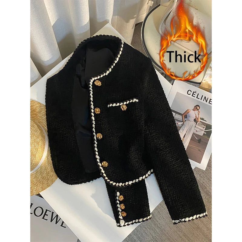 Veste en tweed noir pour femme, manteau matelassé court et élégant, blazer noir d'hiver pour femme, classique
