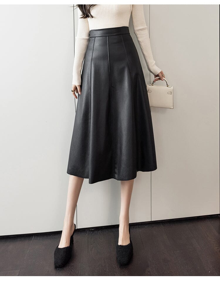 Jupe trapèze en similicuir noir pour femme, nouvelle collection automne-hiver, taille haute, style parapluie, couleur unie, chic, pour le bureau