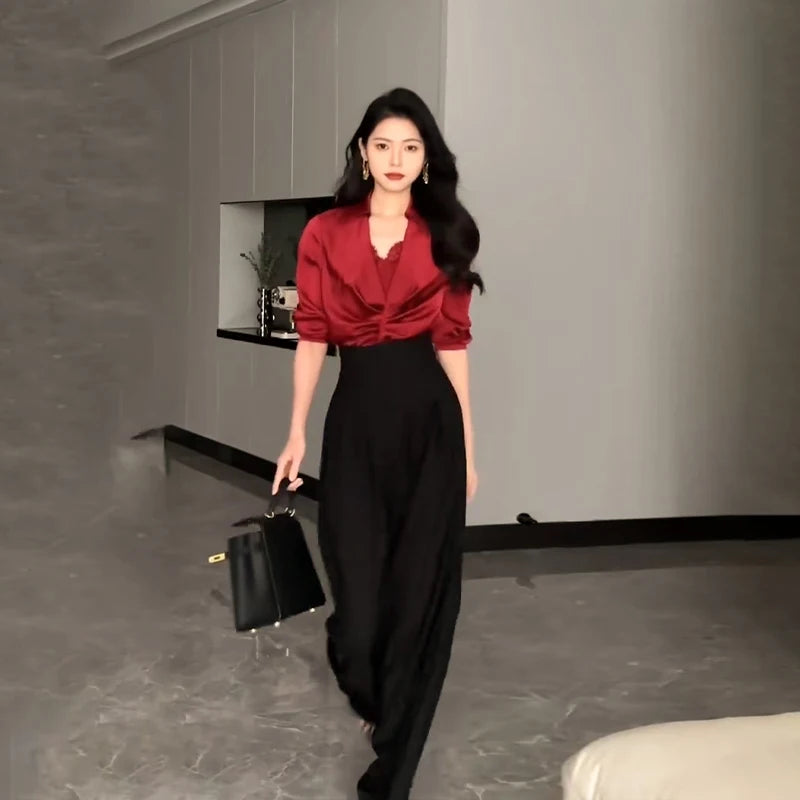 Pantalon taille Ultra haute à jambes larges, droit et tombant, pantalon de costume épais, à pinces noir ou crème
