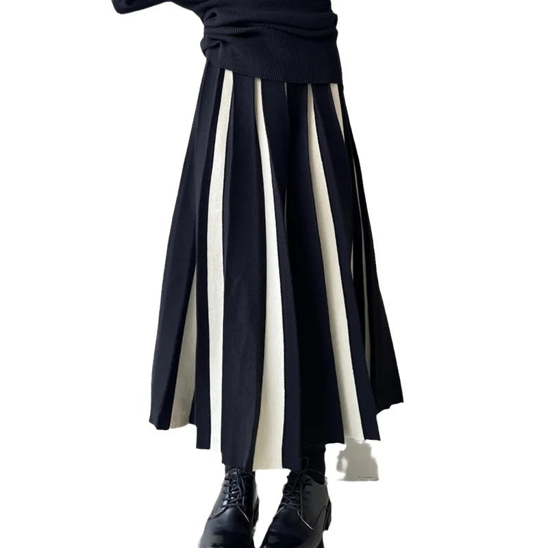 Jupe en tricot plissée taille haute pour femmes, couleur noir et blanc ,longue, style rétro, jupe parapluie