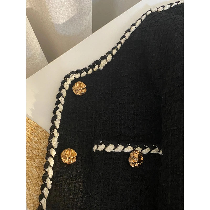 Veste en tweed noir pour femme, manteau matelassé court et élégant, blazer noir d'hiver pour femme, classique