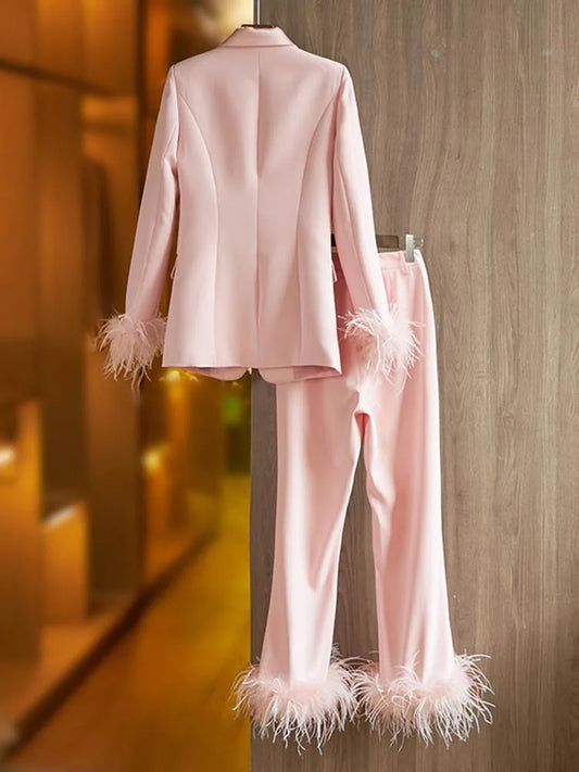 Ensemble de styliste douceur pour femmes, Slim, bouton unique, orné de plumes, Blazer et pantalon