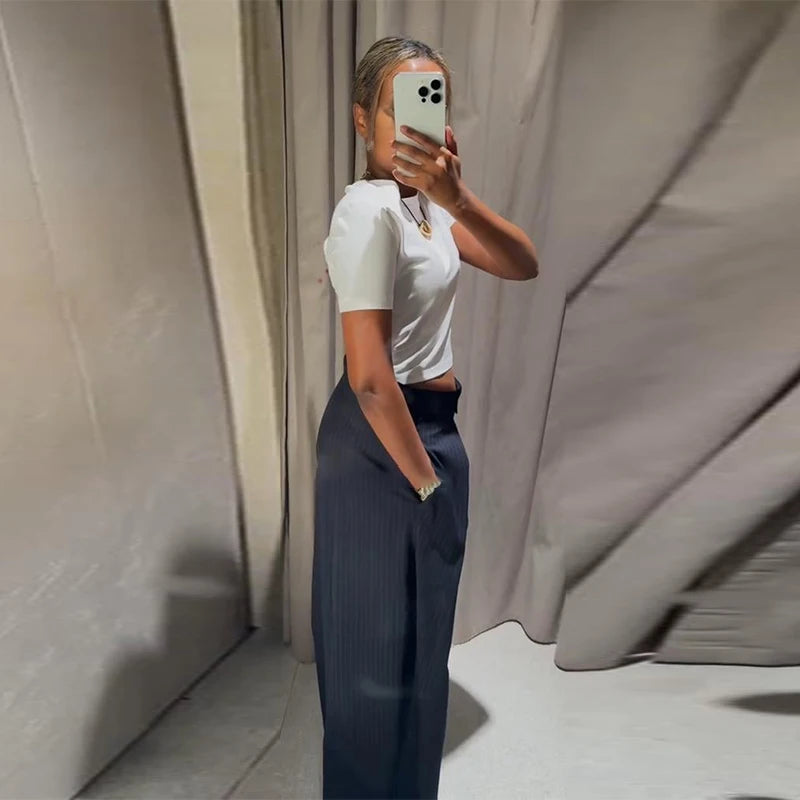 Pantalon ample décontracté à rayures pour femme, taille haute, plissé, droit, long, jambes larges, mode automne-hiver