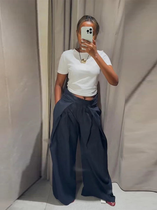 Pantalon ample décontracté à rayures pour femme, taille haute, plissé, droit, long, jambes larges, mode automne-hiver