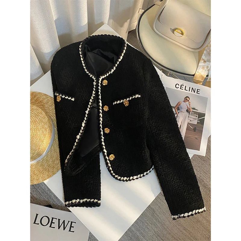 Veste en tweed noir pour femme, manteau matelassé court et élégant, blazer noir d'hiver pour femme, classique