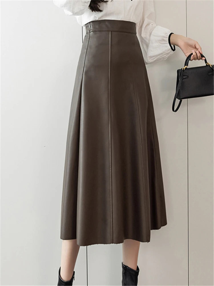Jupe trapèze en similicuir noir pour femme, nouvelle collection automne-hiver, taille haute, style parapluie, couleur unie, chic, pour le bureau