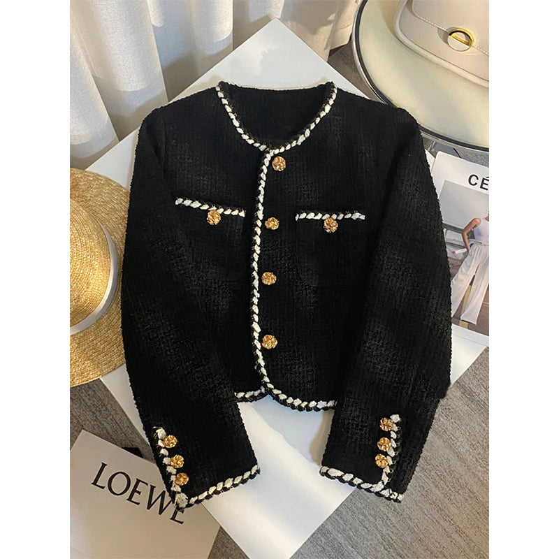 Veste en tweed noir pour femme, manteau matelassé court et élégant, blazer noir d'hiver pour femme, classique