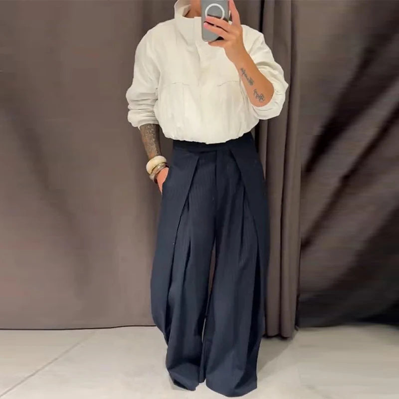 Pantalon ample décontracté à rayures pour femme, taille haute, plissé, droit, long, jambes larges, mode automne-hiver
