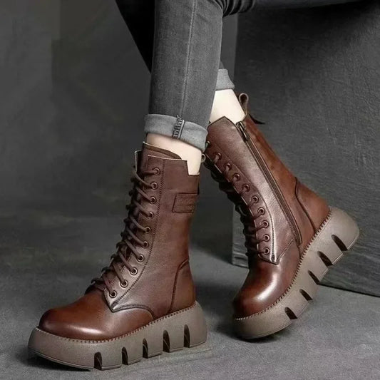 Bottes en cuir tendance à lacets et fermeture éclair pour femmes, montantes, décontractées, fourrées chaudes, antidérapantes, saison froide