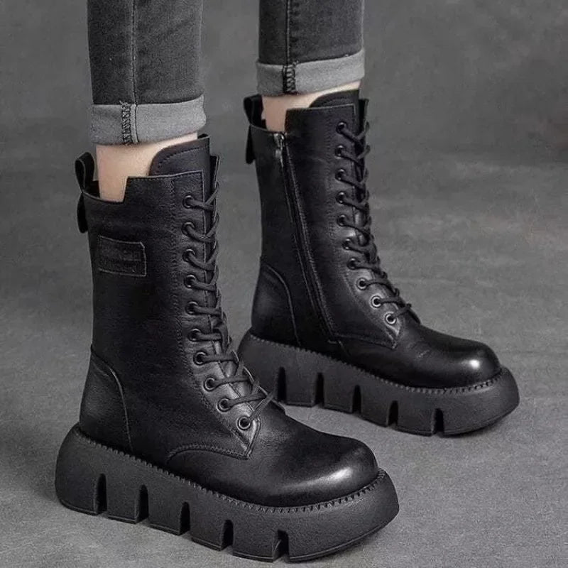 Bottes en cuir tendance à lacets et fermeture éclair pour femmes, montantes, décontractées, fourrées chaudes, antidérapantes, saison froide