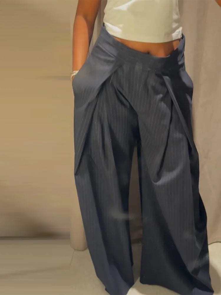 Pantalon ample décontracté à rayures pour femme, taille haute, plissé, droit, long, jambes larges, mode automne-hiver