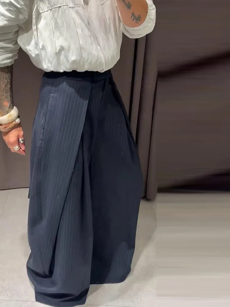 Pantalon ample décontracté à rayures pour femme, taille haute, plissé, droit, long, jambes larges, mode automne-hiver