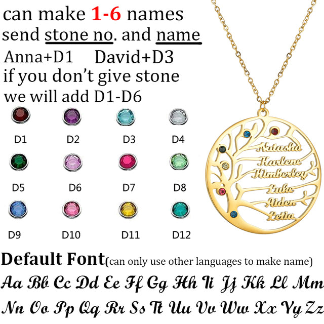 Pendentif personnalisé : L'arbre choisissez jusqu'à 6 prénoms et 6 pierres💎