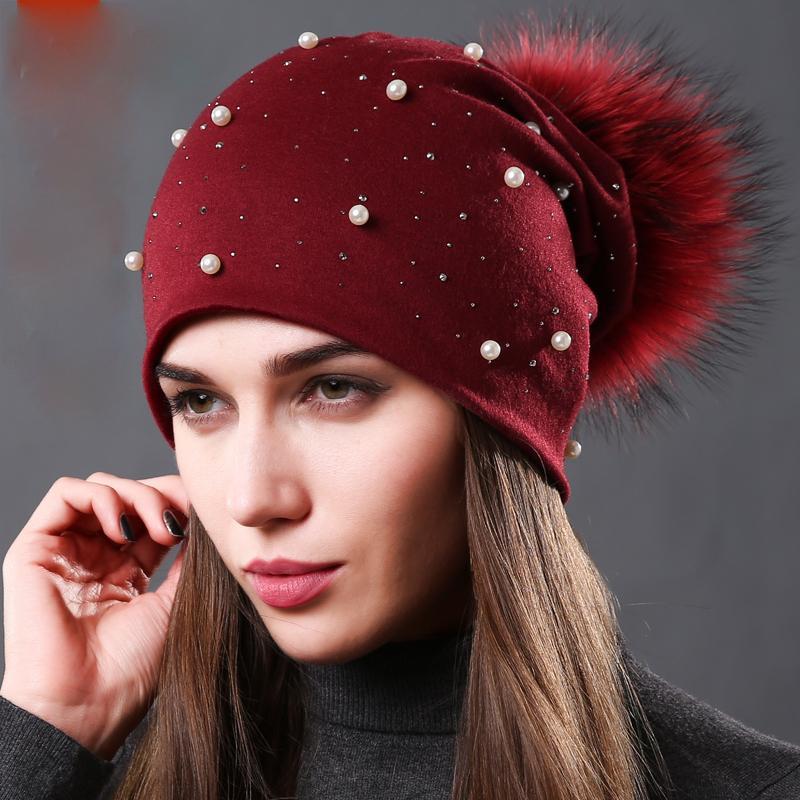 Bonnet brodé de perles collection Mode hiver Fourrure Naturelle tient chaud
