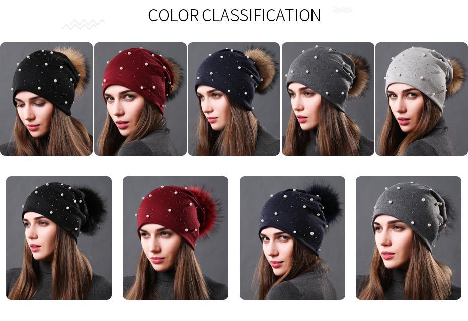 Bonnet brodé de perles collection Mode hiver Fourrure Naturelle tient chaud