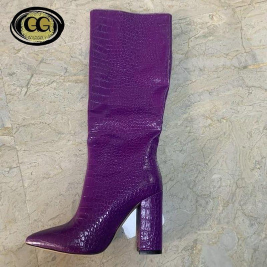 Bottes hauteur genou Automne Similicuir femmes bout pointu à talons hauts carrés taille 34-43