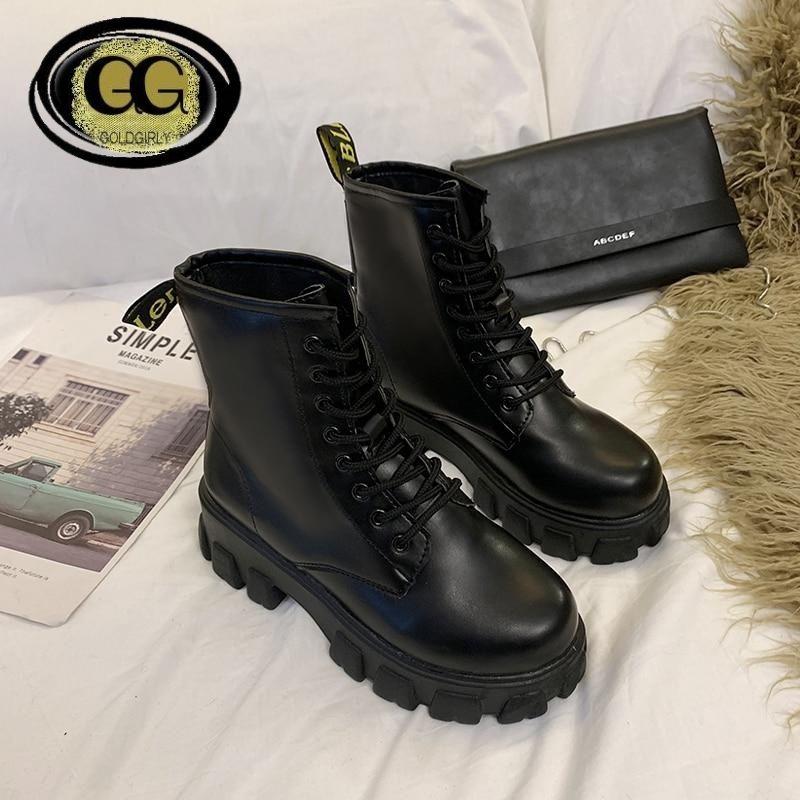 Bottines en Cuir à Plate-Forme- Bout Rond pour Femmes- Gold Design