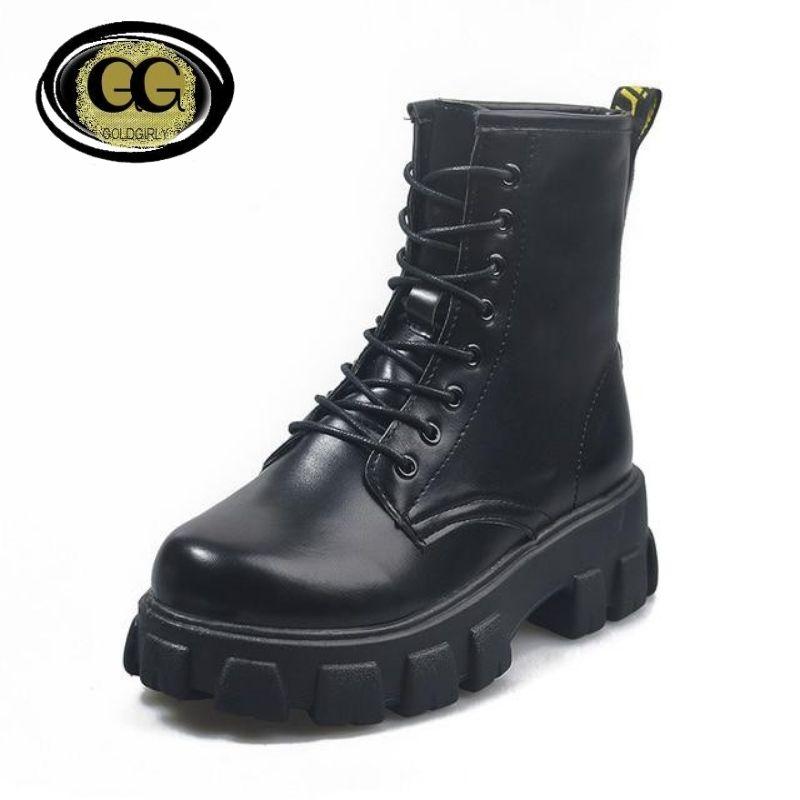 Bottines en Cuir à Plate-Forme- Bout Rond pour Femmes- Gold Design