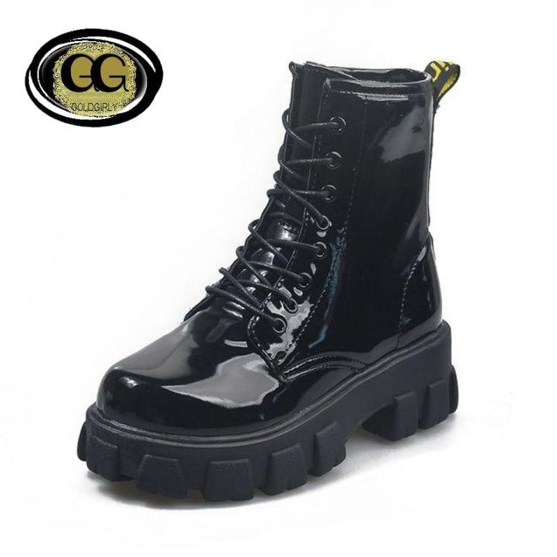 Bottines en Cuir à Plate-Forme- Bout Rond pour Femmes- Gold Design