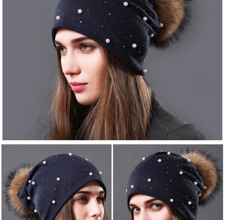 Bonnet brodé de perles collection Mode hiver Fourrure Naturelle tient chaud