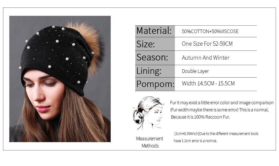Bonnet brodé de perles collection Mode hiver Fourrure Naturelle tient chaud