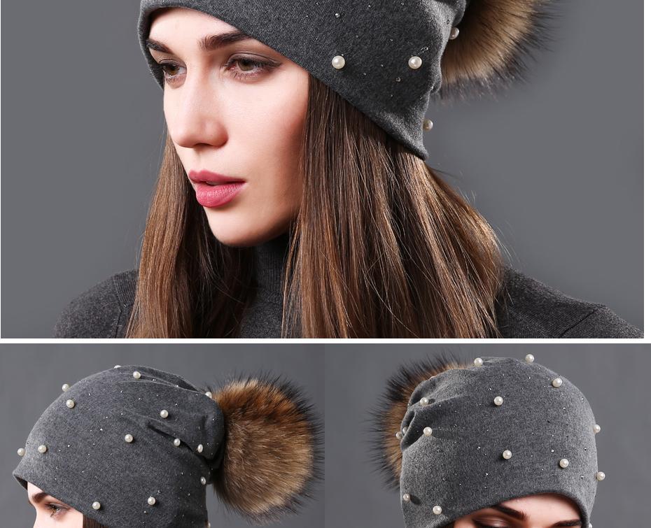 Bonnet brodé de perles collection Mode hiver Fourrure Naturelle tient chaud
