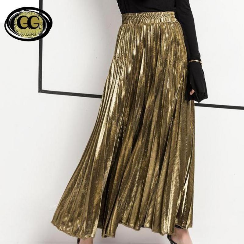 Jupe Longue Couleur Argent ou Or ll-match Slim Jupe Plissée