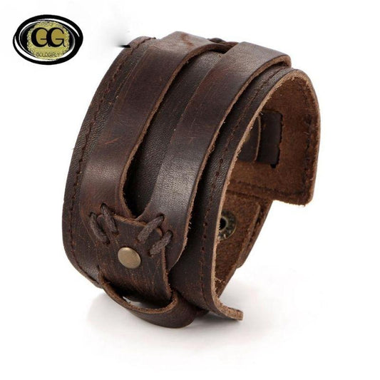 Manchette homme en cuir noir ou brun s'ouvre avec bouton pression, Double bride Fashion Men