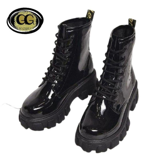 Bottines en Cuir à Plate-Forme- Bout Rond pour Femmes- Gold Design