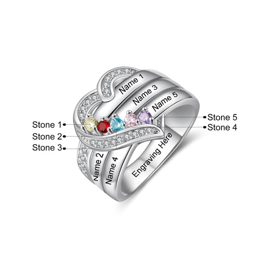 Bague argent 925 sterling personnalisable avec de 1à 8 prénom(s) gravé(s) bague avec pierre de naissance de couleur personnalisée également coeur pour femmes cadeau de fête des mères