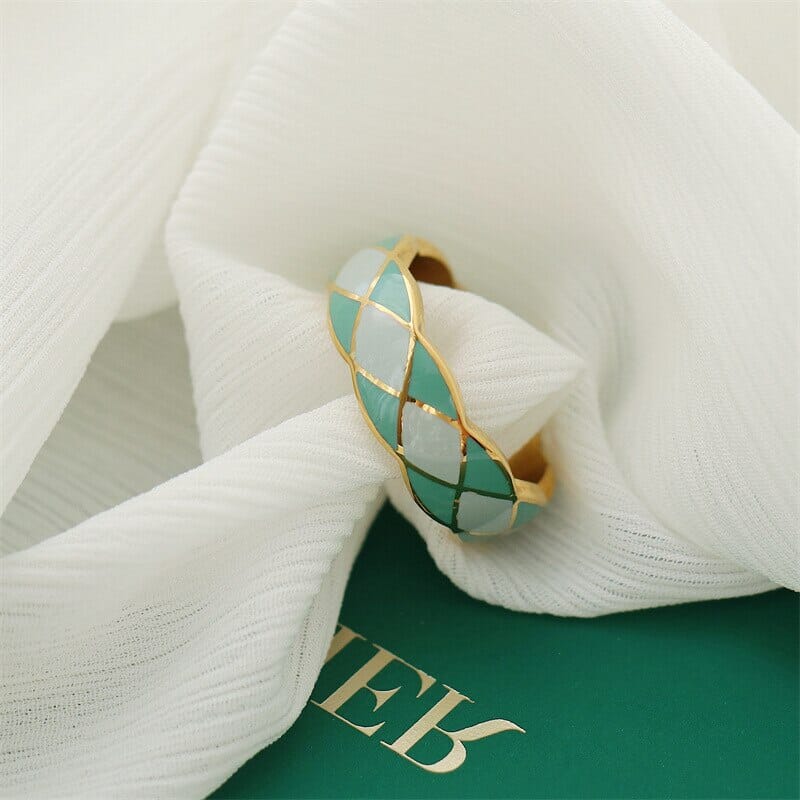 New Bague en émail et en acier inoxydable couleur or losanges vert- turquoise pour femmes