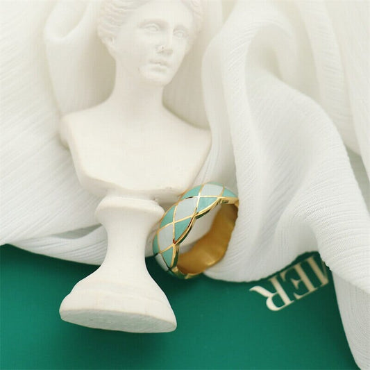 New Bague en émail et en acier inoxydable couleur or losanges vert- turquoise pour femmes