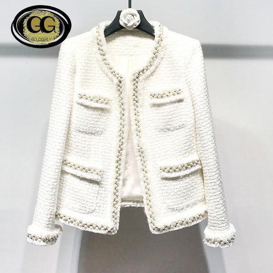 Veste en tweed blanc Perles faites et cousues à la main style classique