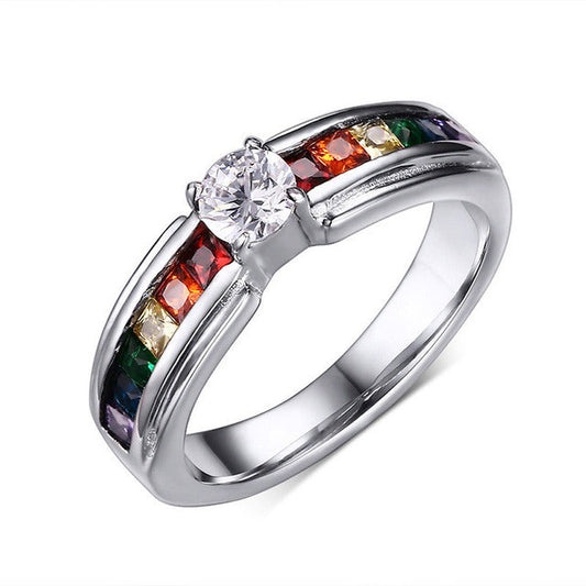 Bague en acier et pierres de couleurs arc en ciel