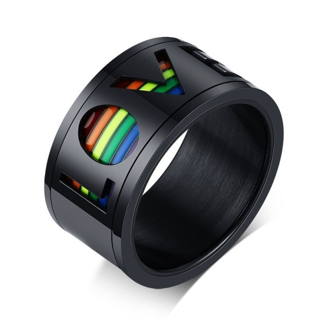 Bague en acier et pierres de couleurs arc en ciel