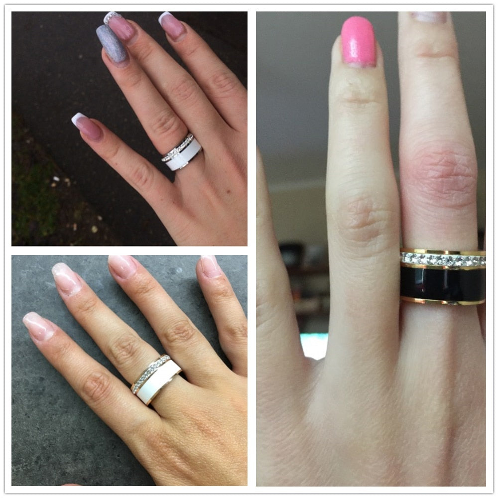 Bague large Luxe Noir ou Blanc Anneaux En Céramique et Acier Inoxydable Mode Promise
