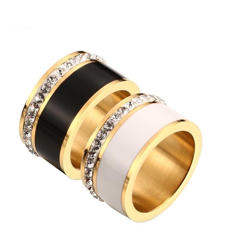 Bague large Luxe Noir ou Blanc Anneaux En Céramique et Acier Inoxydable Mode Promise